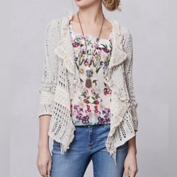 Anthropologie Crochet Open Front Fringe Cardigan - Picture 1 of 5